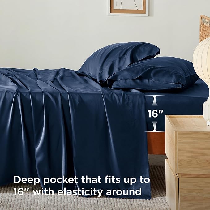 Bedsure Cooling Sheets Twin, Rayon Derived from Bamboo, PureWoven, Breathable & Soft Twin Sheets Set, Deep Pocket Up to 16 Inches, Hotel Luxury Silky Bedding for Hot Sleepers, Navy