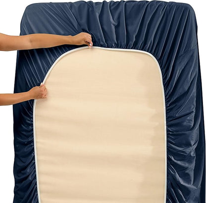 Hearth & Harbor Extra Deep Pocket Sheets - Fits Mattress 18-24 Inches Deep - Extra Deep Pocket Twin Sheets Sets - 4 Piece Twin Size - Navy Blue