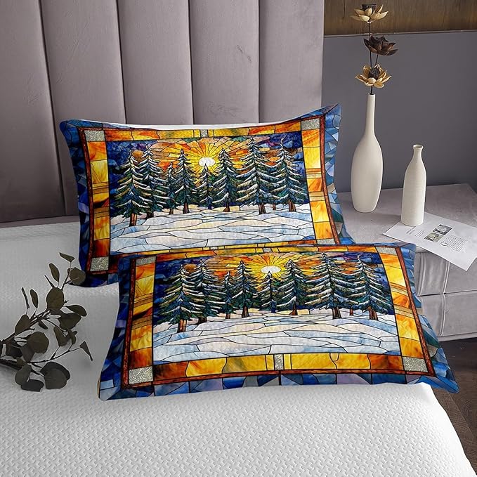 Pine Tree Kid Bedspread King Size,Merry Christmas Tree Sunrise Rustic Farmhouse Coverlet Set,Boys Girls Room Decor,Geometric Plaid Patchwork Quilted Coverlet,Blue Xmas Bedding Quilt,2 Pillowcases