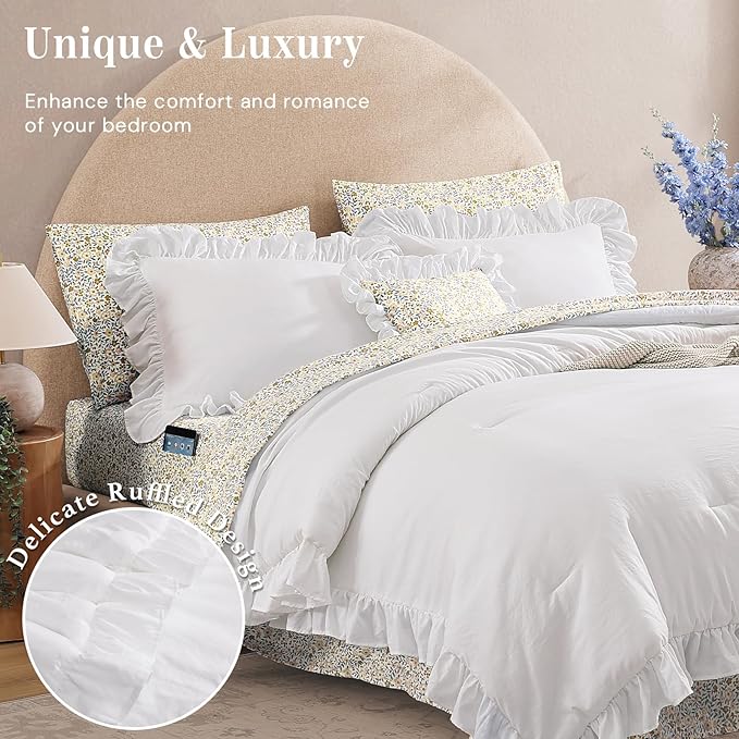 Twin XL Comforter Set - 5 Pieces Ruffle White Bedding Sets, Shabby Chic Farmhouse Bed in a Bag Twin XL with Ruffle Comforter, Floral Sheets, Pillowcases & Shams