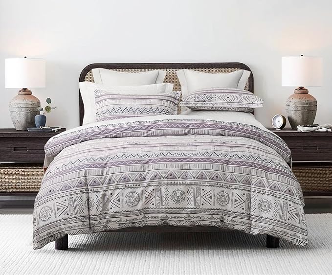 SLEEPBELLA Boho Chic Striped King Size Duvet Cover Set - 100% Cotton with Button Closure in White and Purple
