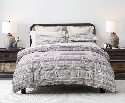 SLEEPBELLA Boho Chic Striped King Size Duvet Cover Set - 100% Cotton with Button Closure in White and Purple