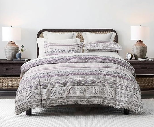 SLEEPBELLA Boho Chic Striped King Size Duvet Cover Set - 100% Cotton with Button Closure in White and Purple