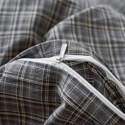 Plaid King Size Duvet Cover Grey Washed Cotton King Comforter Cover Patterned Soft Checkered Boho Duvet Cover Set with Hidden Zipper Vintage Cute Bedding Set Farmhouse Duvet Protector