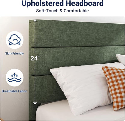 Allewie Queen Size Platform Bed Frame with Fabric Upholstered Headboard and Wooden Slats Support, Fully Upholstered Mattress Foundation/No Box Spring Needed/Easy Assembly, Green