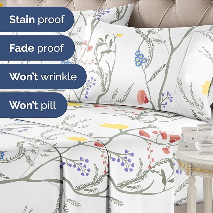 Floral Sheets - Boho Twin XL Bed Sheet Set - 1 Flat, 1 Fitted & 1 Pillowcase w/ Deep Pockets - Comfy, Wrinkle & Fade Free Boho Botanical Bedding - Ultra-Soft, Breathable & Cooling - Twin XL Size Set