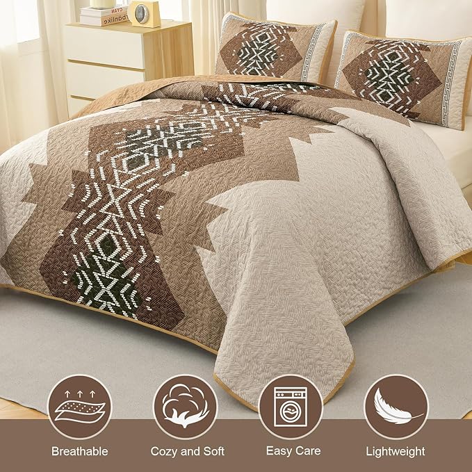 Dintszyayue Bohemian Quilt Set King Size,3 Pieces Aztec Texture Bedding Coverlet Set Brown Boho Bedspread Coverlet Set Geometric Pattern Lightweight Quilt Bedding Set for All Season (Brown,90"x103")
