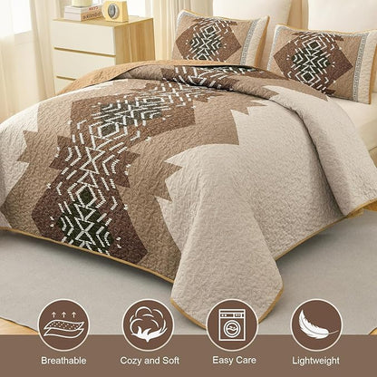 Dintszyayue Boho Queen Size Quilt Set,3 Pieces Aztec Texture Bedding Coverlet Set Brown Bedspread Coverlet Set Soft Microfiber Bed Cover Bohemian Lightweight Bedding Set for All Season(Brown,90"x96")