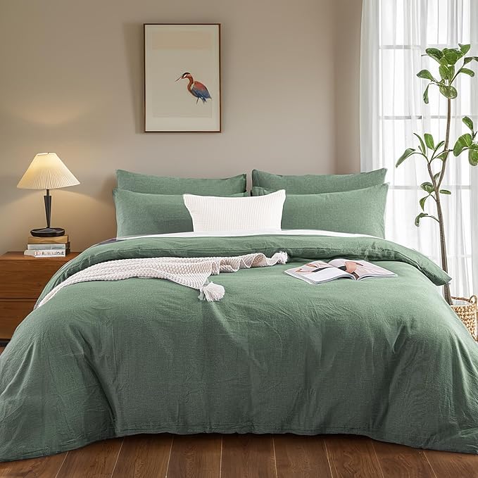 NEXHOME PRO Duvet Cover Full 100% Washed Cotton, Organic Natural Linen Like Textured, Breathable, Durable, Home Bedding Set, Heathered Green 8090