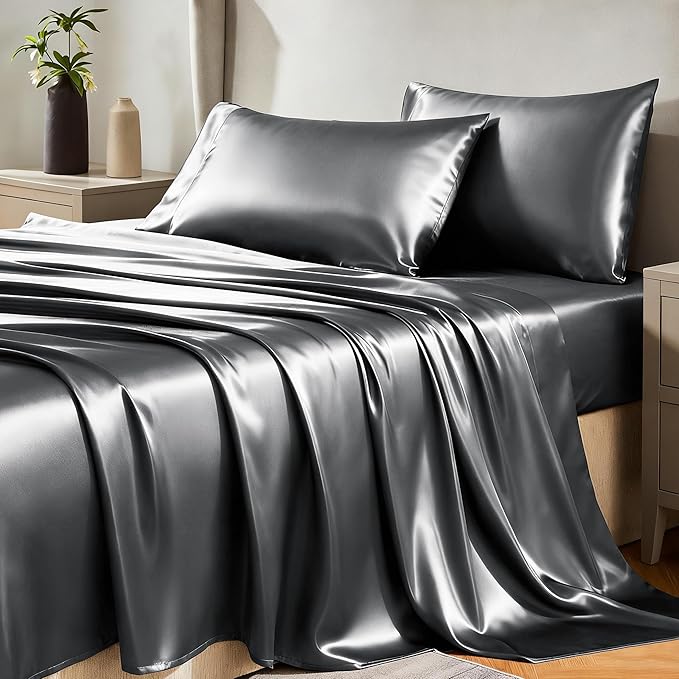 CozyLux Satin Sheets Twin Sheet Set - 3 Piece Silky Twin Bed Sheets, Luxury Dark Grey Sheet Twin Size Bed Set with Smooth and Soft Microfiber, Includes 1 Fitted Sheet, 1 Flat Sheet and 1 Pillowcase