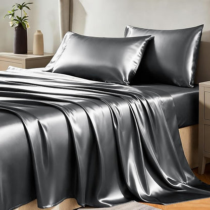 CozyLux Satin Sheets Twin Sheet Set - 3 Piece Silky Twin Bed Sheets, Luxury Dark Grey Sheet Twin Size Bed Set with Smooth and Soft Microfiber, Includes 1 Fitted Sheet, 1 Flat Sheet and 1 Pillowcase