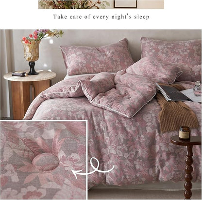 HighBuy Twin XL Comforter Set Pink Floral Bedding Comforters Luxury Soft Muslin Cotton 3 Pieces Lightweight Fluffy Floral Bedding Comforter Set All Season Women Girls Gift Choice