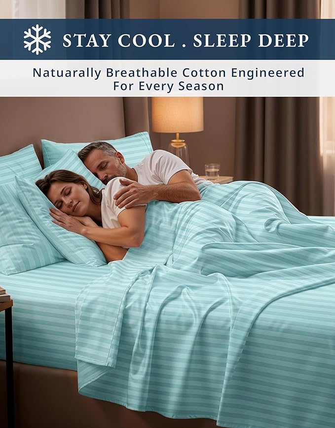 LANE LINEN 100% Egyptian Cotton King Size Deep Pocket Sheet Sets, Soft & Comfy No Pill Fade Resistant Natural Cooling Mercerized Cotton King Size Sheets Set 15" Deep Pocket Damask Stripe - Blue Sky