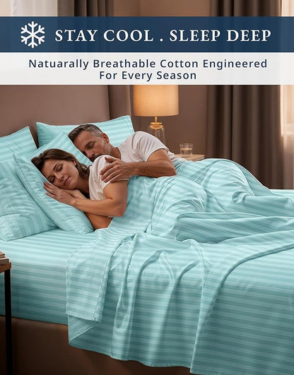 LANE LINEN 100% Egyptian Cotton King Size Deep Pocket Sheet Sets, Soft & Comfy No Pill Fade Resistant Natural Cooling Mercerized Cotton King Size Sheets Set 15" Deep Pocket Damask Stripe - Blue Sky