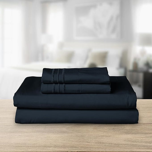 Elegant Comfort Luxurious 1500 Premium Hotel Quality Microfiber Three Line Embroidered Softest 4-Piece Bed Sheet Set, Wrinkle and Fade Resistant, Full, Black