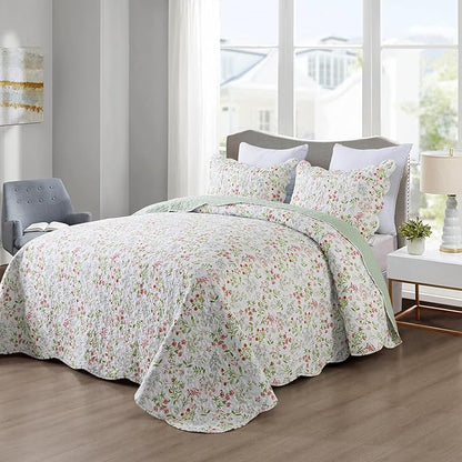 Travan 3-Piece Quilt Set Quilted Bedspread Lightweight Coverlet Set Garden Style Floral Printed Oversized Quilted Bedding Set with Shams for All Season, Flower Sea, Queen Size