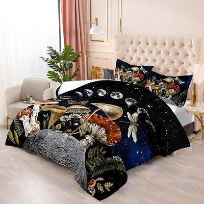 Mushroom Bedding - Black Full Comforter Set, Boho Mushroom Decor, Hippie Style