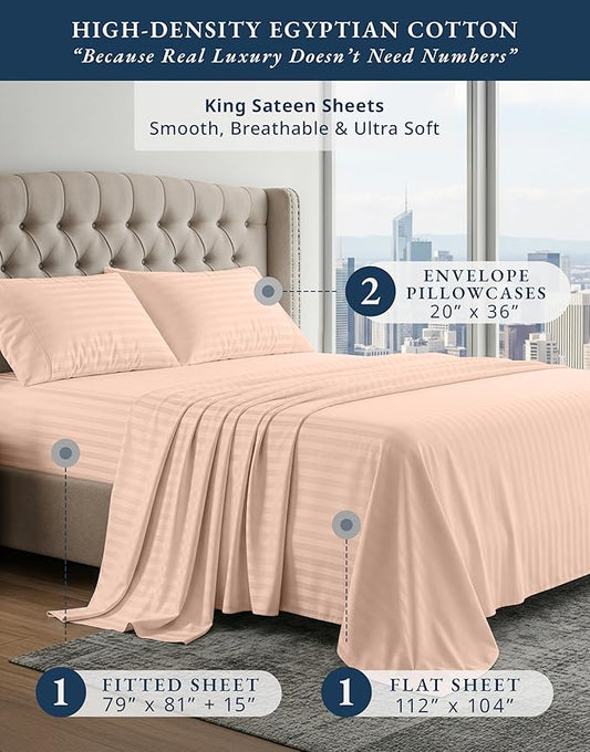 LANE LINEN 100% Egyptian Cotton King Sheets Set, Soft & Comfy Sateen Weave Mercerized Cotton Sheets King, Fully Elasticized Reinforced French Seam Fitted King Bed Sheets Damask Stripe – Veiled Rose