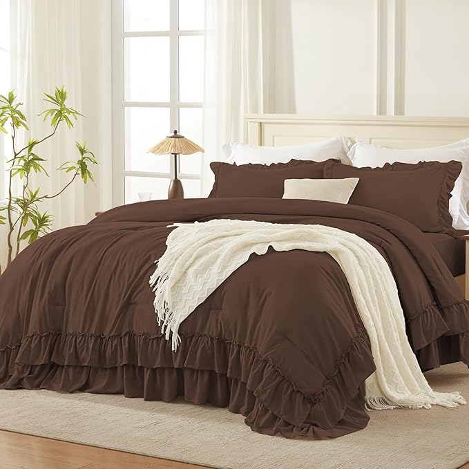 Andency Brown Oversized Queen Comforter Set (98x98Inch), 3 Pieces Lightweight Fluffy Ruffle Bedding Comforter Sets for Queen Bed, Farmhouse Shabby Chic Soft All Season Bed Set