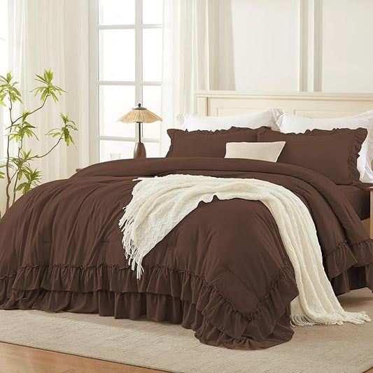 Andency Brown Oversized Queen Comforter Set (98x98Inch), 3 Pieces Lightweight Fluffy Ruffle Bedding Comforter Sets for Queen Bed, Farmhouse Shabby Chic Soft All Season Bed Set