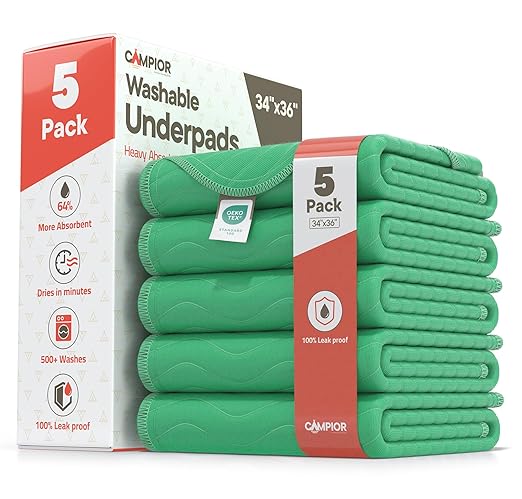 Washable Underpads Large 34"x36" (Pack of 5) – Reusable Waterproof Bed Pads for Adults & Seniors, Extra Heavy Absorbency Incontinence & Bedwetting Pads, Soft Non-Slip TPU Backing, Green.