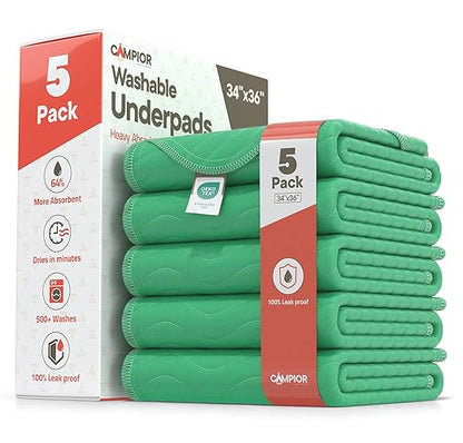 Washable Underpads Large 34"x36" (Pack of 5) – Reusable Waterproof Bed Pads for Adults & Seniors, Extra Heavy Absorbency Incontinence & Bedwetting Pads, Soft Non-Slip TPU Backing, Green.