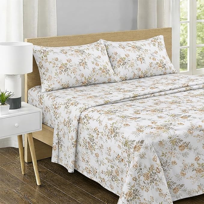 Feather & Stitch 500 TC Split King Size Sheet Set, 5 Piece Bed Sheets Set-2 Twin Fitted Sheet, 1 King Flat Sheet & 2 King Pillowcases, 18" Deep Pockets Sateen Weave Striped Bedsheet - Rose Floral