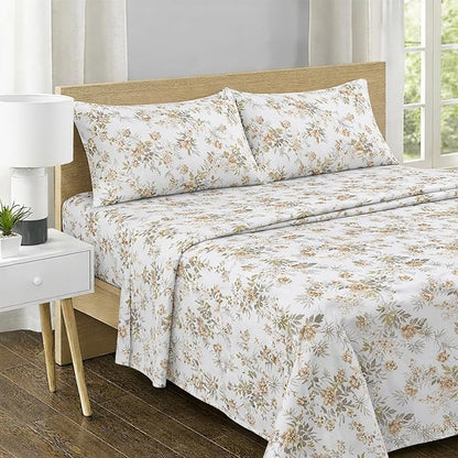 Feather & Stitch Printed 500 TC Full Size 4pc Damask Bed Sheet Set, 100% Soft Cotton Breathable Bedsheets, 18" Deep Pockets Sateen Weave Striped Bedding Mattress Resort Hotel Luxury - Rose Floral