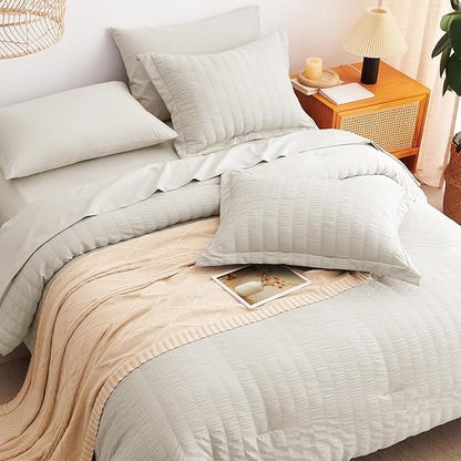 CozyLux Oversized Queen Comforter Set Beige Seersucker 7 Pieces 98x98 Bed in a Bag Comforter Set with Sheets, Luxury Soft Bedding Sets with Down Alternative Comforter, Sheets, Pillowcases & Shams