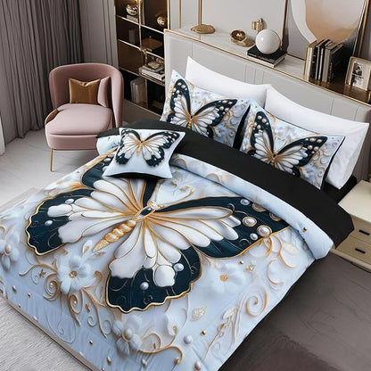 A Nice Night 6pcs Bed in A Bag Black and Glod Dreamy 3D Butterfly Pearl Flower Design, Butterflies Printed Bedding Twin Comforter Set, for Girls Kids Teens