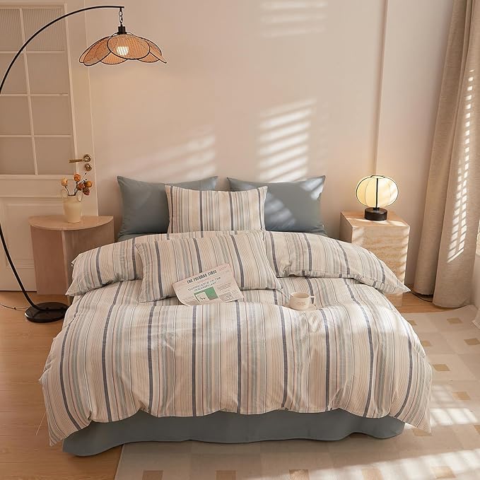 Blue Striped Comforter Set King Down Alternative Boho Bedding Set Washed Cotton Fluffy Soft Patterned Bedding Comforter Sets Farmhouse Neutral Cozy Cute Bed Comforter with 2 Pillowcases