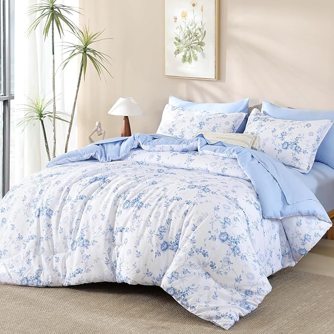 Luxudecor Floral King Comforter Set 7 Pieces Bed in a Bag, Blue Rose Romantic Flower Bed Set, Soft Reversible Comforter with Sheet Set 104"x90"