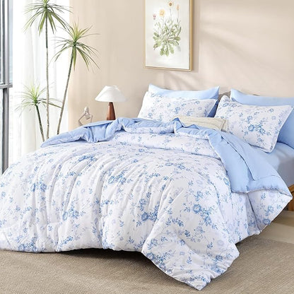 Luxudecor Floral King Comforter Set 7 Pieces Bed in a Bag, Blue Rose Romantic Flower Bed Set, Soft Reversible Comforter with Sheet Set 104"x90"
