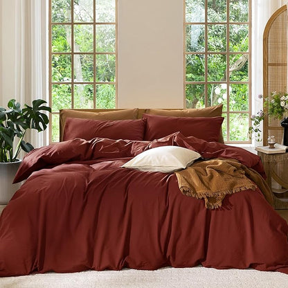 MooMee Bedding Duvet Cover Set 100% Washed Cotton Linen Like Textured Breathable Durable Soft Comfy (Solid Fired Brick Red, Queen 90"x90")