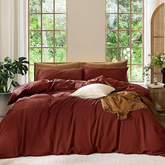 MooMee Bedding Duvet Cover Set 100% Washed Cotton Linen Like Textured Breathable Durable Soft Comfy (Solid Fired Brick Red, Twin 68"x90")