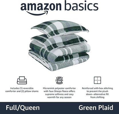 Amazon Basics 3-Piece Ultra-Soft Micromink Sherpa Fleece Bedding Set, Warm All Season Comforter, Full/Queen, Green Plaid