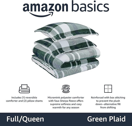 Amazon Basics 3-Piece Ultra-Soft Micromink Sherpa Fleece Bedding Set, Warm All Season Comforter, Full/Queen, Green Plaid