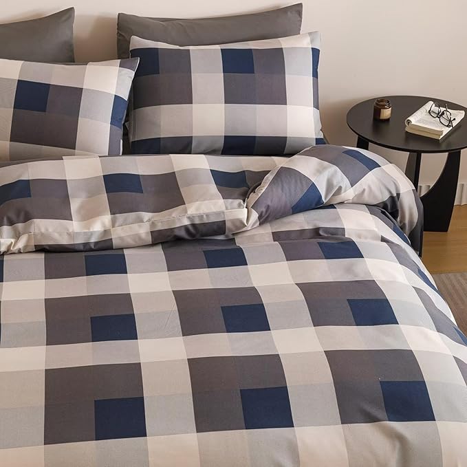 Houseri Blue Plaid Comforter Set Twin Vintage Grid Bedding Sets