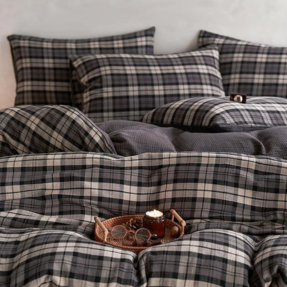 EAVD Vintage Style Dark Grey Plaid Duvet Cover King Soft 100% Muslin Cotton Modern Grid Checkered Bedding Set with 2 Pillowcases Reversible Gingham Duvet Cover with Zipper Closure