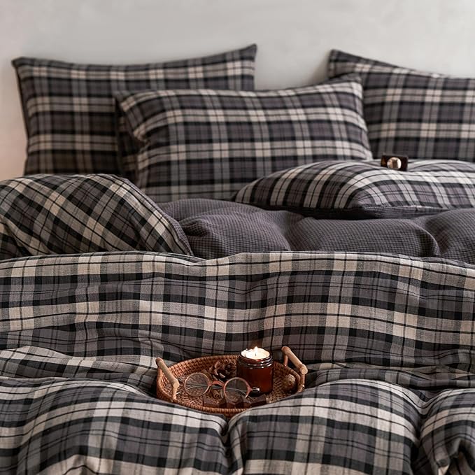 EAVD Vintage Style Dark Grey Plaid Duvet Cover Twin Soft 100% Muslin Cotton Modern Grid Checkered Bedding Set with 2 Pillowcases Reversible Gingham Duvet Cover with Zipper Closure
