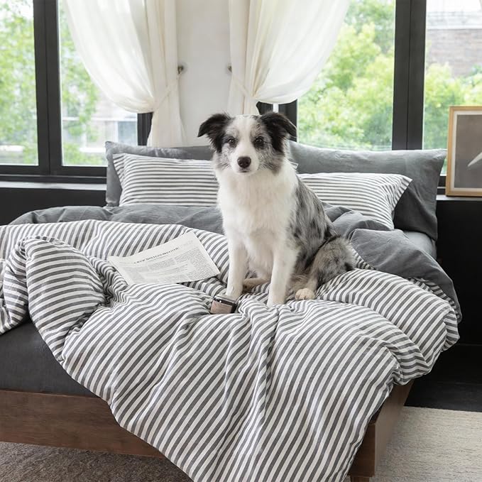 Reversible Duvet Cover Set 100% Washed Cotton Dark Grey Stripe Linen Feel Duvet Cover King Size with Zipper Closure & 2 Pillow Shams,Dark Grey/White Stripe Reverse Solid Dark Grey