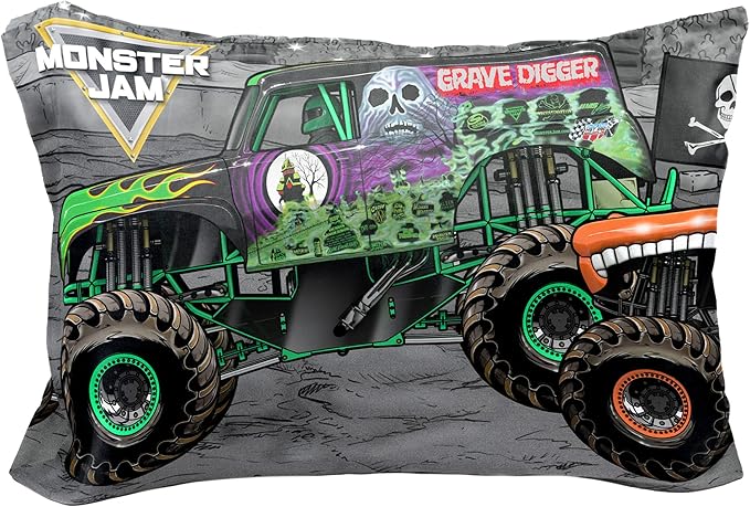 Jay Franco Monster Jam Grave Finish Line 1 Single Reversible Pillowcase Features Grave Digger, Megalodon, & El Toro Loco - Double-Sided Kids Super Soft Bedding