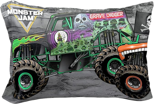Jay Franco Monster Jam Grave Finish Line 1 Single Reversible Pillowcase Features Grave Digger, Megalodon, & El Toro Loco - Double-Sided Kids Super Soft Bedding