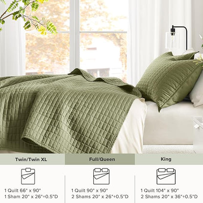 Comfort Spaces Queen Quilt Set Modern Reversible Plaid Coverlet Full Bedding Set Cozy Quilted Winter Layer, All Season Lightweight Soft Queen Size Quilt, Kienna, Full/Queen Olive Green 3 Piece