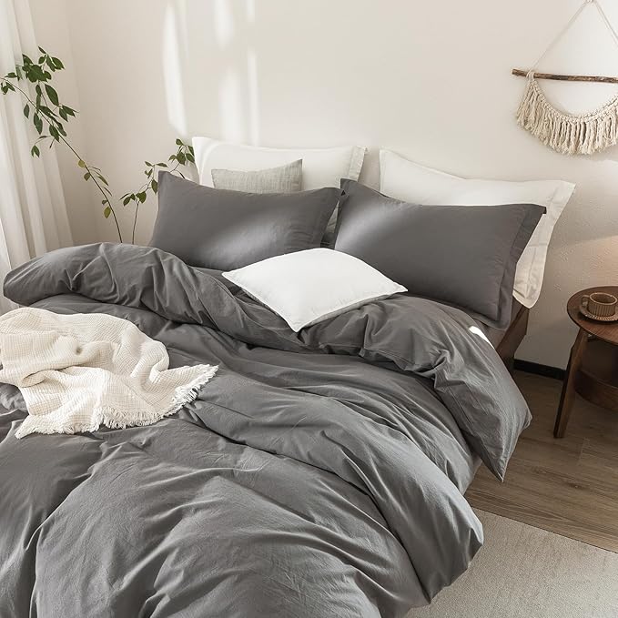 100% Washed Cotton Duvet Cover Queen Size Dark Grey Bedding Set Cover 1 Duvet Cover with Zipper Closure and 2 Pillowcases, 90inch x 90inch