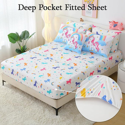 JQinHome Unicorn Queen Bedding Sets for Girls Kids,8 Piece Bed in A Bag 3D White Sky Rainbow Clouds Theme Unicorn Comforter Set with Sheet Set(White)