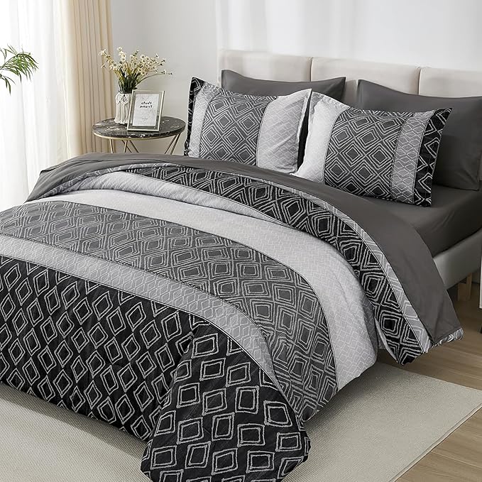 California King Comforter Set Size, Black Gray Striped Cali King Bed Set Fall Bedding Sets for Men,7 Pieces Boho Bed in a Bag Comforters with Sheets Dark Grey for All Season