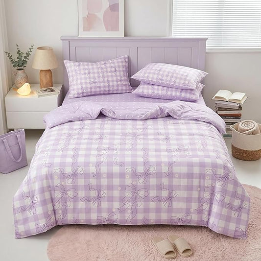 Purple Gingham Comforter Set Full for Girls, Light Purple Bowknot Bedding with Heart Pattern, 3 Pcs Checkered Plaid Quilted Comforter Set with 2 Pillowcases, 79"x90"