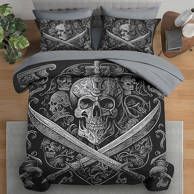 Comforter Set Full Size, Gothic World 7 Pcs Bedding for Adults, Vintage Retro Skeleton Bed Sheet Sets with Fitted Sheet 2 Pillowcases & 2 Shams for Bedroom Bed Decor