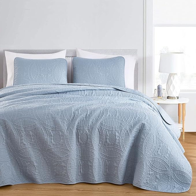Chezmoi Collection Austin King Oversized Bedspread Set, 3-Piece Pinsonic Quilted Lightweight Microfiber Bedspread Coverlet, Cool Gray | Oversized, Lightweight, Fade Resistant